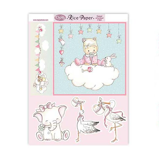 Papel arroz bebé niña estrellas elefante Dayka la esquinita del scrap scrapbook coleccion papeles die cuts sellos stickers pads