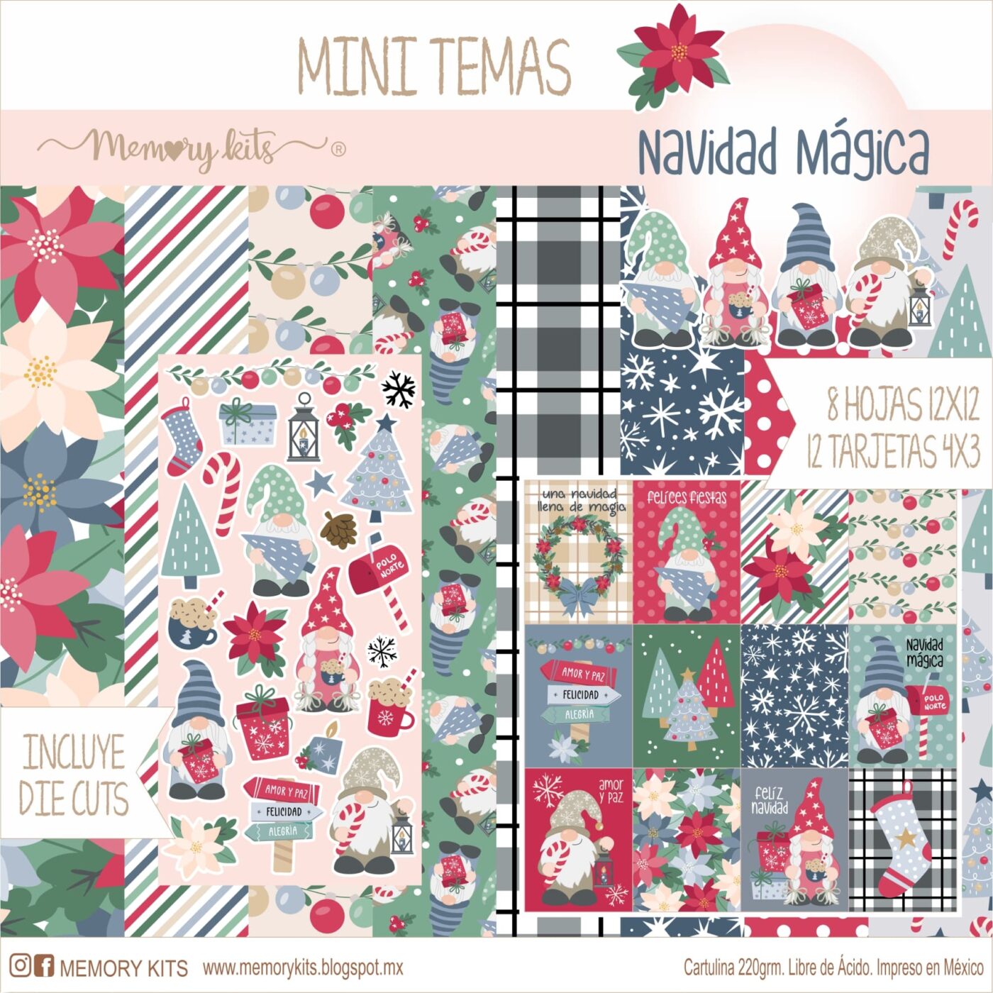 Set de 8 hojas de 12"x12" + die cuts + tarjetas recortables Navidad Mágica - Memory Kits