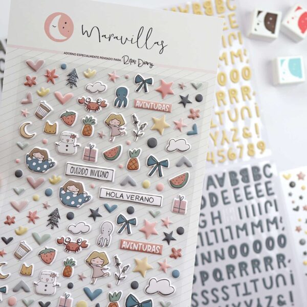 maxi set stickers puffy colección Maravillas Alúa Cid scrapbooking La esquinita del scrap México