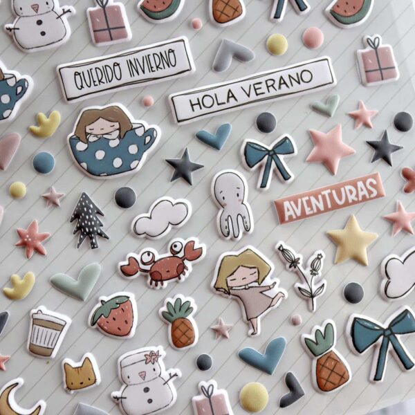 maxi set stickers puffy colección Maravillas Alúa Cid scrapbooking La esquinita del scrap México