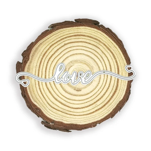 Troquel texto “love” estilizado con colas largas y corazones, para scrapbooking y tarjetería; suaje compatible con Big Shot; lettering romántico