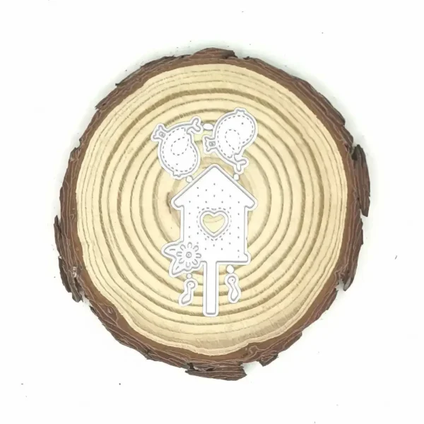 Troquel casita de pájaros con pajaritos 70 × 38 mm para scrapbooking y tarjetería; suaje compatible con Big Shot; corazón calado y piezas decorativas