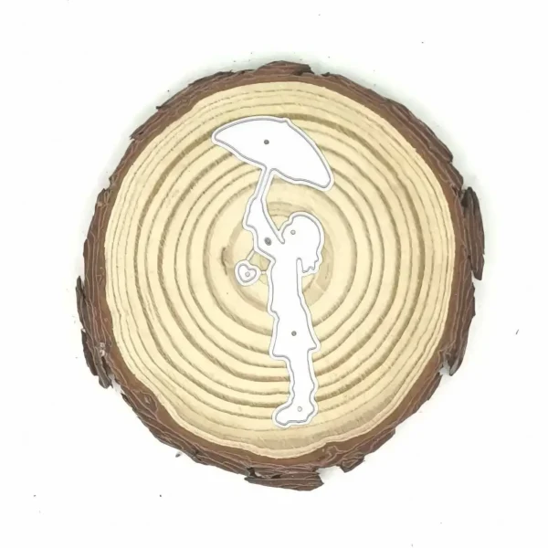 Troquel niña con paraguas 84 × 32 mm para scrapbooking y tarjetería; suaje silueta vertical compatible con Big Shot; cortes finos
