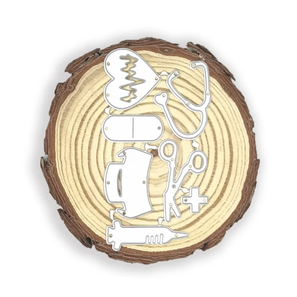 Troquel set de elementos médicos (estetoscopio, jeringa, pastilla, cubrebocas, corazón ECG, tijeras, cruz) para scrapbooking y tarjetería; suajes compatibles con Big Shot