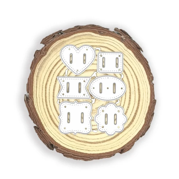 Troquel set pasa listón (6 figuras) pieza mayor 25 × 25 mm; suajes con ranuras para listón, ideales para scrapbooking y tarjetería; compatible con Big Shot