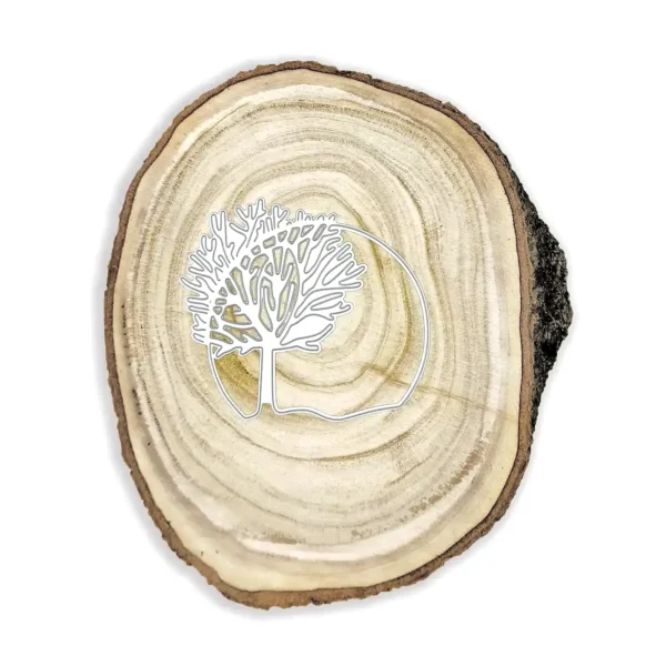 Troquel paisaje árbol en círculo 100 × 90 mm para scrapbooking y tarjetería; suaje compatible con Big Shot; ramas caladas y marco circular