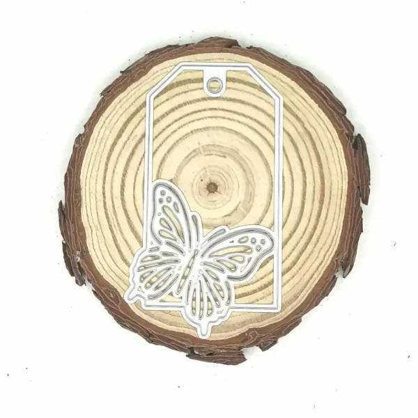 Troquel etiqueta con mariposa calada 50 × 90 mm; suaje para scrapbooking y tarjetería; ideal para tags y mini tarjetas; compatible con Big Shot