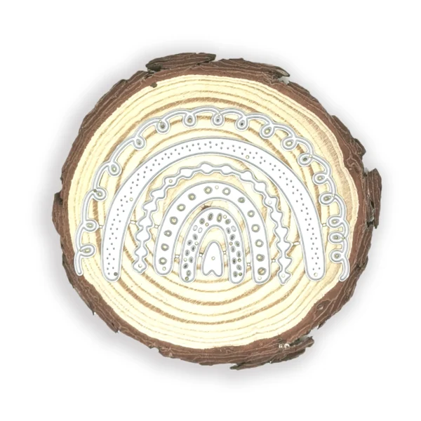 Troquel arcoíris boho 95 × 60 mm con arcos anidados y texturas; suajes para scrapbooking y tarjetería; compatible con Big Shot