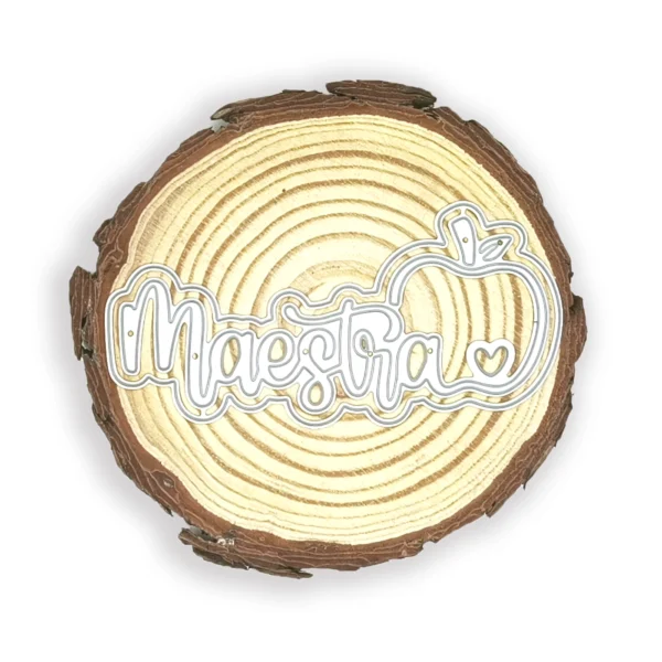 Troquel “Maestra” con manzana, doble capa (palabra + sombra), tamaño 100 × 50 mm; suaje compatible con Big Shot para scrapbooking y tarjetas del Día del Maestro