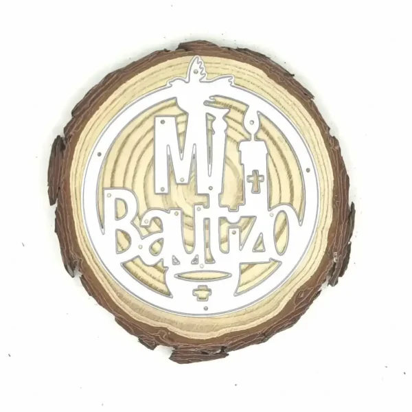 Troquel Mi Bautizo circular con paloma y vela, 85 × 94 mm; suaje religioso para recuerdos e invitaciones de bautizo; compatible con Big Shot