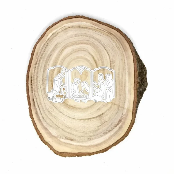Troquel Nacimiento/belén en tríptico 107 × 57 mm para scrapbooking y tarjetería; escena navideña calada, compatible con Big Shot
