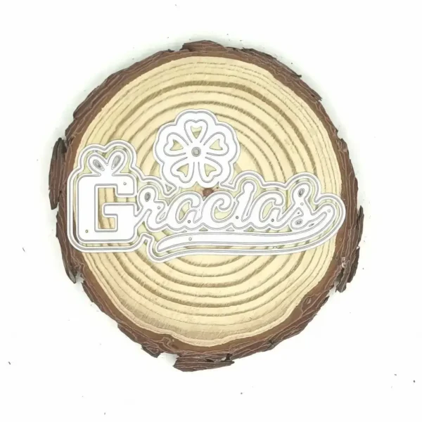 Troquel texto “Gracias” con flor y doble capa; tamaño 97 × 50 mm; suaje para tarjetas de agradecimiento, etiquetas y toppers; compatible con Big Shot
