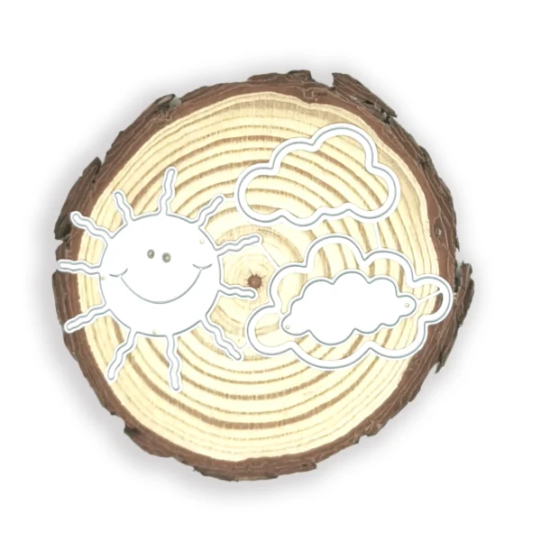 Troquel set sol sonriente con nubes; sol 55 × 55 mm; suajes para escenas de cielo en scrapbooking y tarjetería; compatible con Big Shot