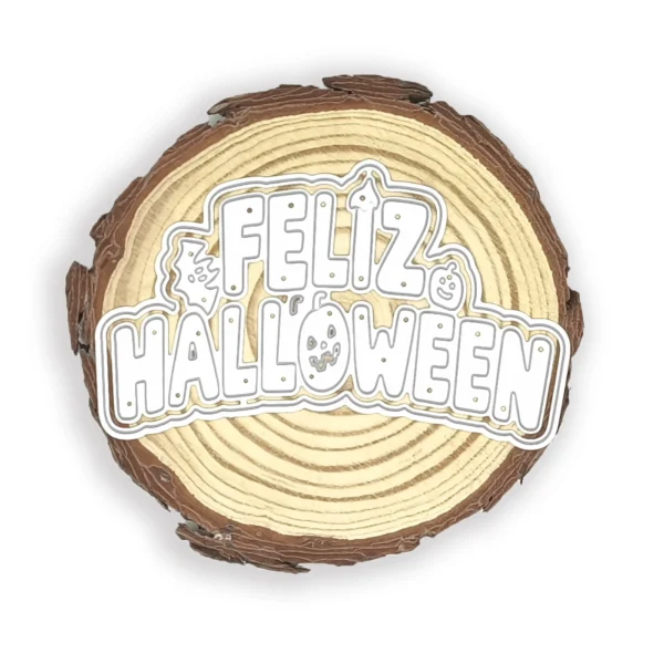Troquel “Feliz Halloween” con doble capa, 105 × 60 mm; suaje para scrapbooking y tarjetería; compatible con Big Shot