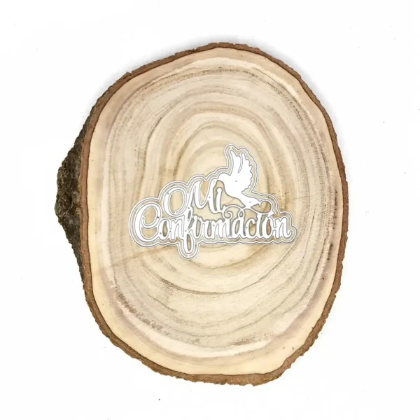 Troquel “Mi Confirmación” con paloma, 110 × 70 mm; suaje para invitaciones y recuerdos; compatible con Big Shot
