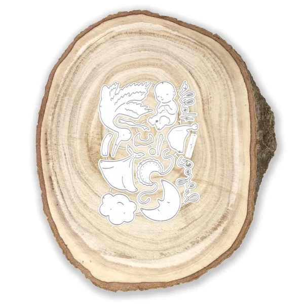 Troquel suaje de cigüeña y elementos de bebé 40x57 mm para proyectos de nacimiento y baby shower