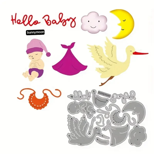Troquel suaje de cigüeña y elementos de bebé 40x57 mm para proyectos de nacimiento y baby shower