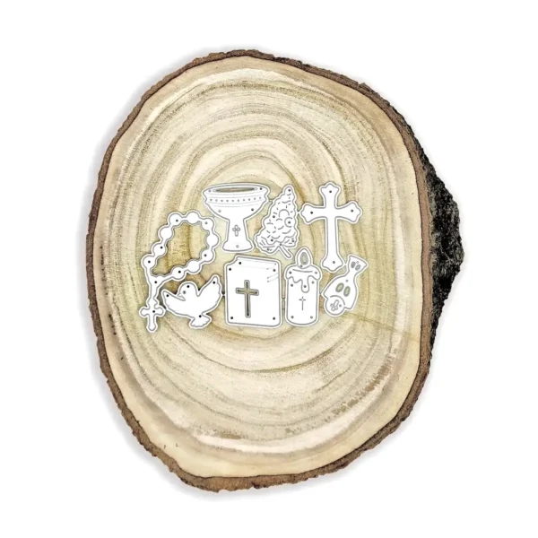 Troquel set de elementos religiosos con rosario 35 × 60 mm (cáliz, cruz, biblia, vela, paloma, ampolla y uvas); suajes para bautizo, comunión y confirmación; compatible con Big Shot