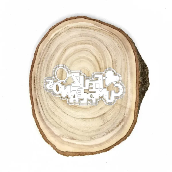 Troquel frase Feliz Cumpleaños con corazón y globo; 130 × 65 mm; suaje para scrapbooking y tarjetería; compatible con Big Shot