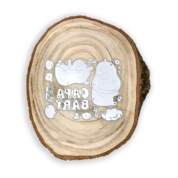 Troquel set de capibaras con aguacate; pieza mayor 45 × 75 mm; suajes para scrapbooking y tarjetería; detalles calados; compatible con Big Shot