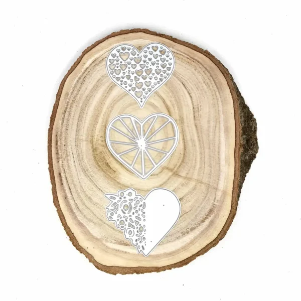 Troquel set de corazones decorados (mini corazones, facetado, encaje floral); cada corazón 68 × 60 mm; suajes para scrapbooking y tarjetería; compatible con Big Shot