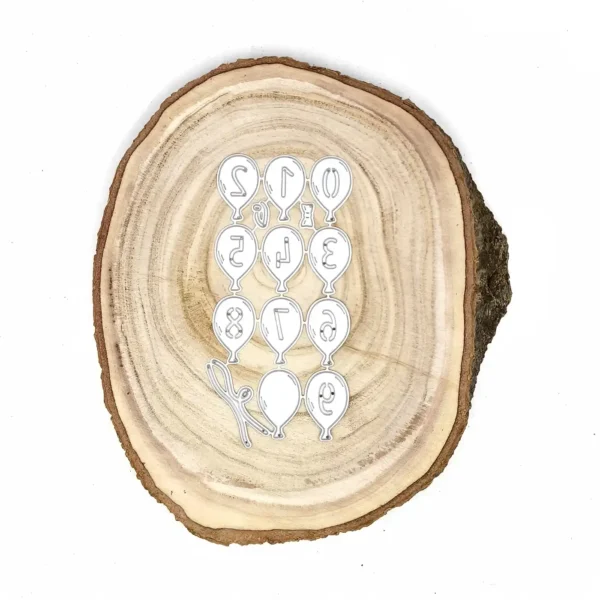 Troquel set de números en globo (0–9); tamaño aprox. del “8”: 19 × 30 mm; suajes para scrapbooking y tarjetería de cumpleaños; compatible con Big Shot