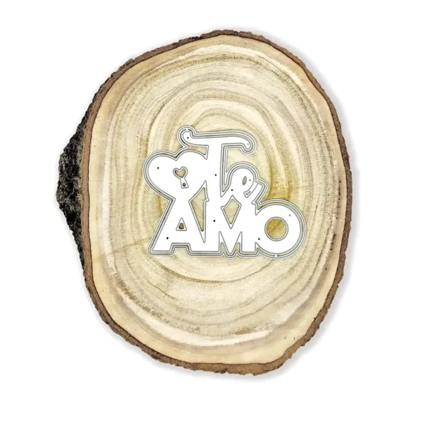 Troquel texto “Te amo” con corazón tipo cerradura, tamaño 100 × 82 mm; suaje de doble capa para scrapbooking y tarjetería romántica; compatible con Big Shot