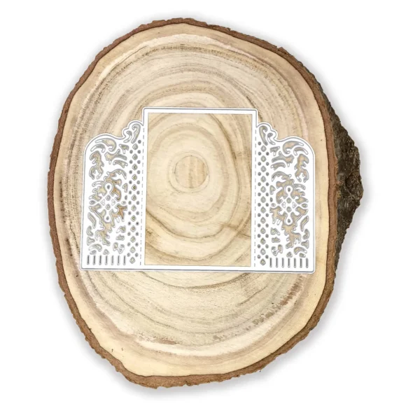 Troquel suaje marco con filigranas y doble puerta, medida 140x96 mm, ideal para invitaciones y tarjetas elegantes