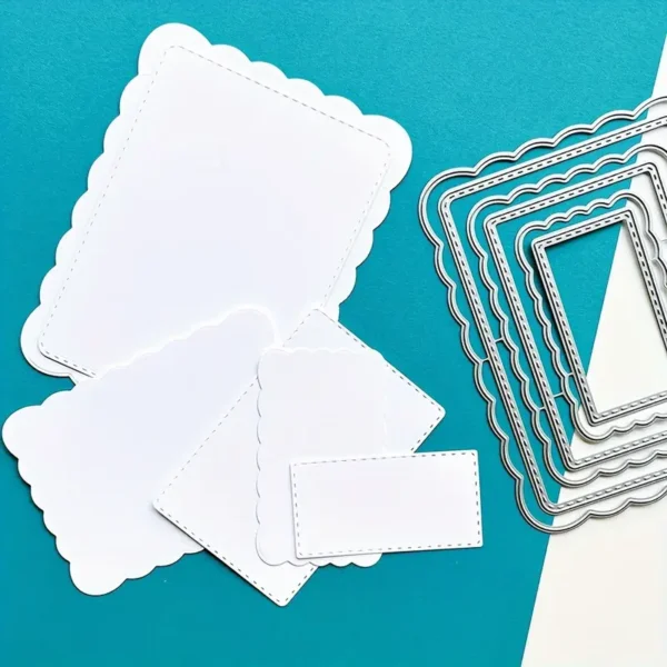 Troquel suaje nido de rectángulos con borde ondulado y pespunte, tamaño más grande 100x130 mm