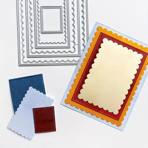 Troquel suaje nido de rectángulos con borde ondulado y pespunte, medida del más grande 103x132 mm