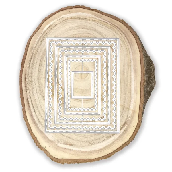 Troquel suaje nido de rectángulos con borde ondulado y pespunte, medida del más grande 103x132 mm