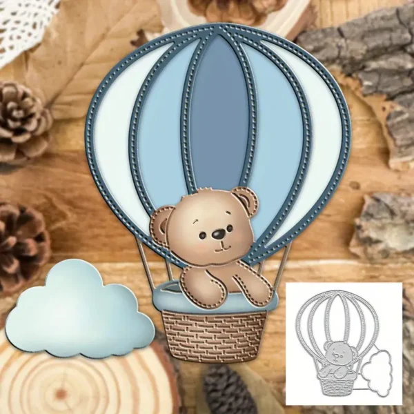 Troquel suaje oso de peluche en globo aerostático con nube separada, medida 85x105 mm