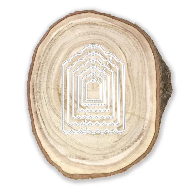 Troquel suaje set de etiquetas tags con pespunte y borde festoneado, tamaño más grande 80x127 mm