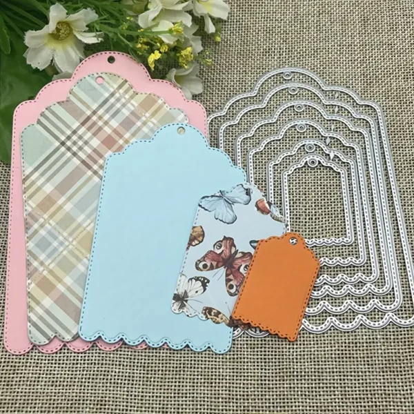 Troquel suaje set de etiquetas tags con pespunte y borde festoneado, tamaño más grande 80x127 mm