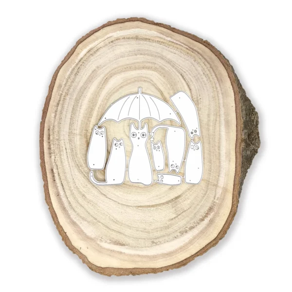 Troquel suaje set de gatos con paraguas para scrapbook y tarjetería, diseño de 77x80 mm