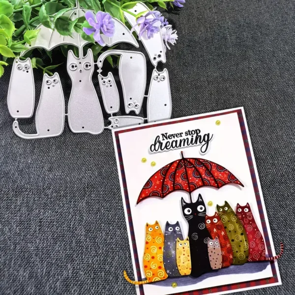 Troquel suaje set de gatos con paraguas para scrapbook y tarjetería, diseño de 77x80 mm