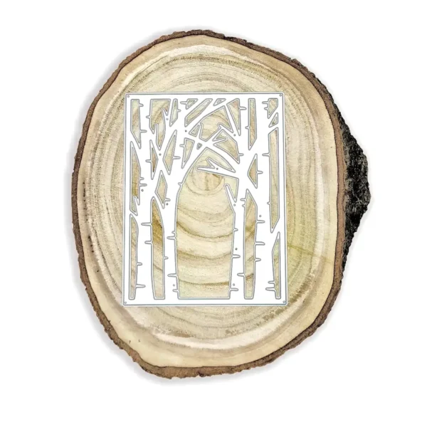 Troquel marco de árboles 105 × 135 mm; suaje bosque/abedules para scrapbooking y tarjetería; compatible con Big Shot