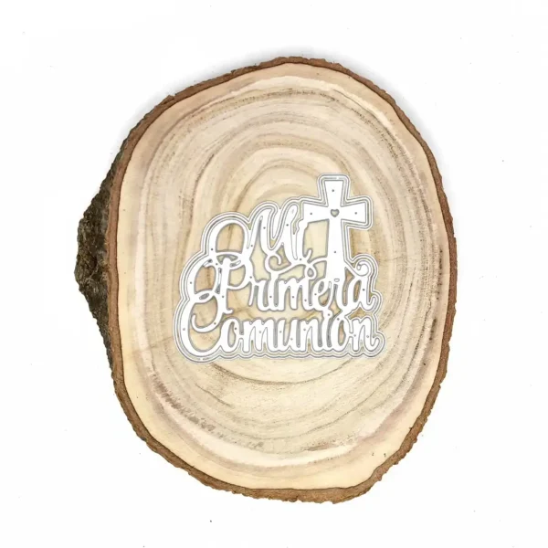 Troquel “Mi Primera Comunión” con cruz; tamaño 105 x 90 mm; suaje para scrapbooking e invitaciones; compatible con Big Shot