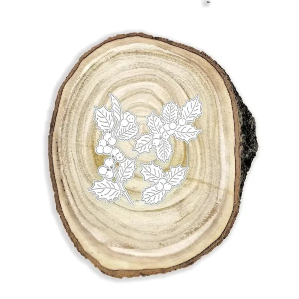 Troquel muérdago/acebo navideño con hojas y bayas; pieza mayor 50 x 105 mm; suajes para tarjetas y decoración