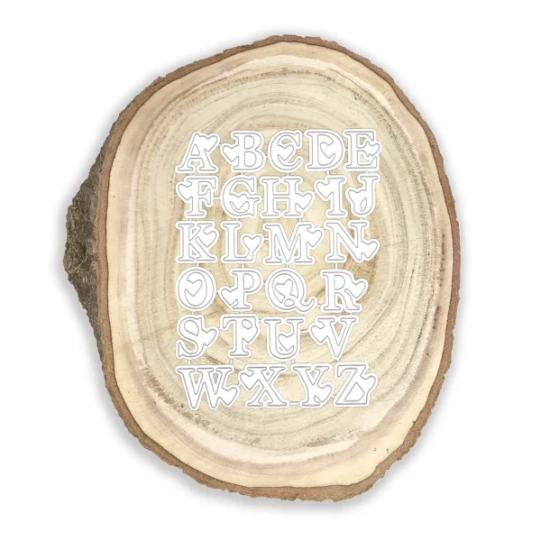 Troquel suaje abecedario alfabeto mayúsculas con corazones, tamaño 25x19 mm por letra