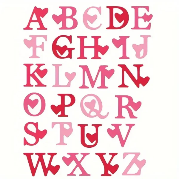 Troquel suaje abecedario alfabeto mayúsculas con corazones, tamaño 25x19 mm por letra