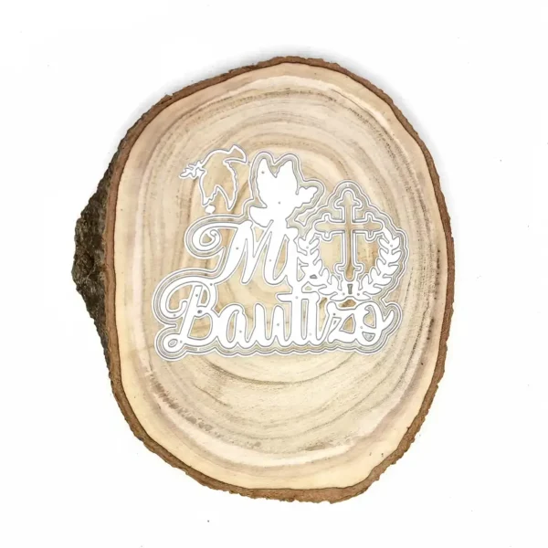Troquel Mi Bautizo con paloma y cruz; tamaño 125×100 mm; ideal para invitaciones y recordatorios de bautizo; compatible con Big Shot