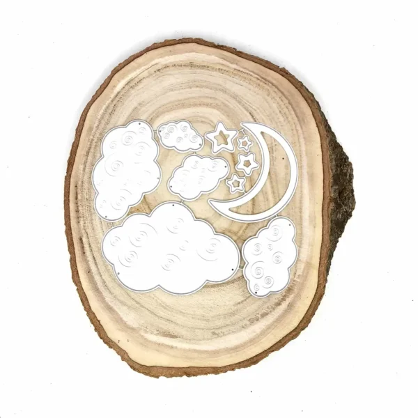 Troquel set de nubes con media luna y estrellas; nube grande 90x60 mm; ideal para escenas celestes y proyectos de bebé; compatible con Big Shot
