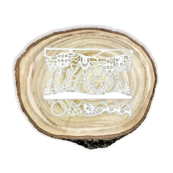 Troquel set paisaje navideño con casas, pinos y renos; pieza mayor 138x50 mm; crea bordes y escenas para tarjetas y mini álbum; compatible con Big Shot