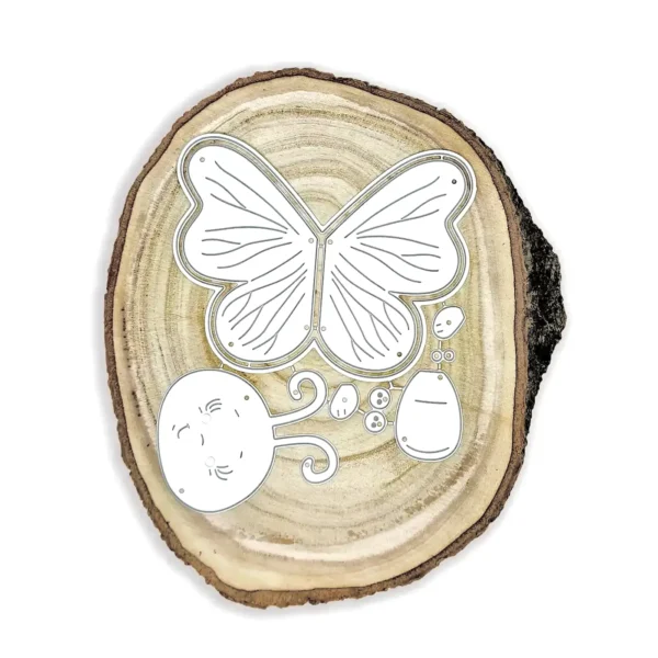 Troquel mariposa con cara sonriente, tamaño 125x95 mm; incluye piezas de cuerpo, antenas y detalles; ideal para proyectos de primavera e infantiles; compatible con Big Shot