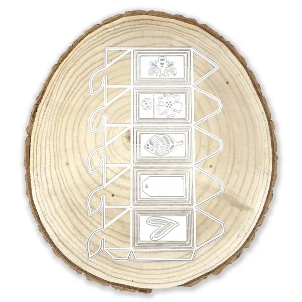 Troquel para caja 3D pentagonal con paneles decorativos; caja armada 35×35×60 mm, ideal para souvenirs y dulceros