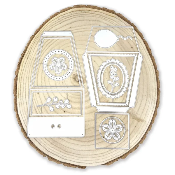 Troquel caja 3D prisma con decoraciones, 55 mm base, 95 mm parte superior, 120 mm altura, ideal para packaging creativo