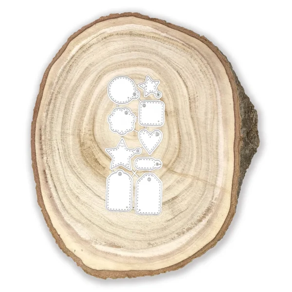 Troquel suaje set de mini tags 20x34 mm con formas variadas y pespunte para scrapbooking y regalos