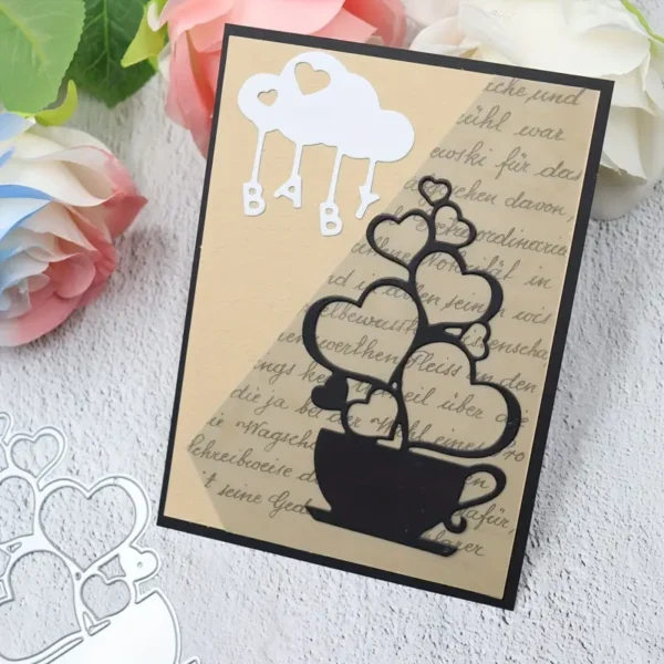 Troquel suaje de taza de café con corazones de 65x100 mm para scrapbook y tarjetería