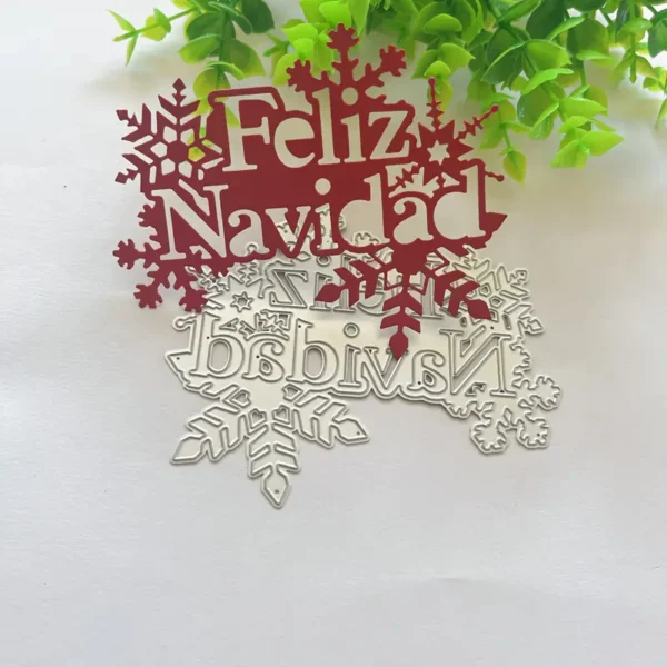 Troquel suaje con frase Feliz Navidad y copos de nieve de 107x90 mm